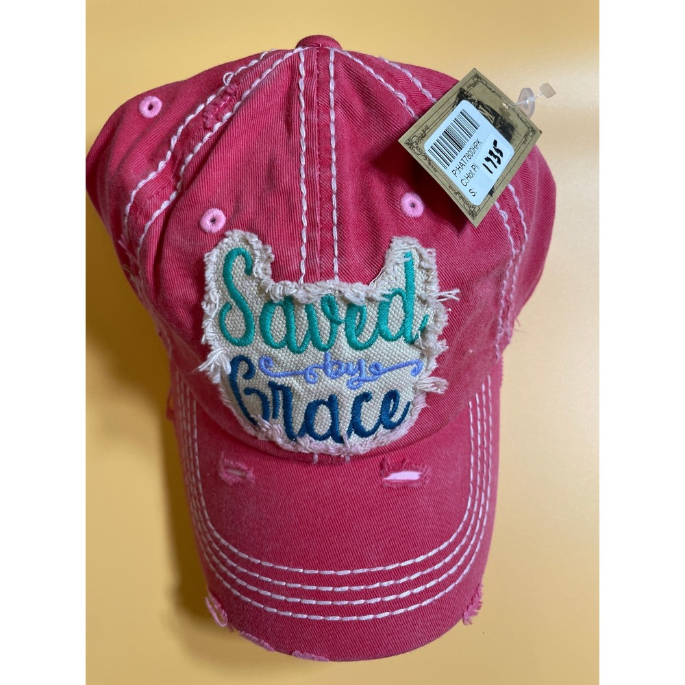 KBETHOS Baseball Cap Women OS Hot Pink NWT Saved by Grace Distressed Embroidered